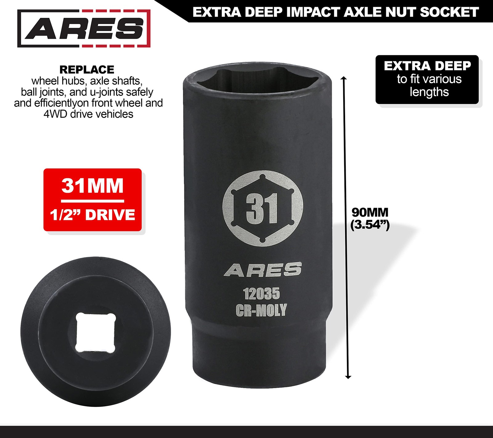 ARES 12035-31MM Axle Nut Socket – 6 Point – Extra Deep 31mm 6-Point