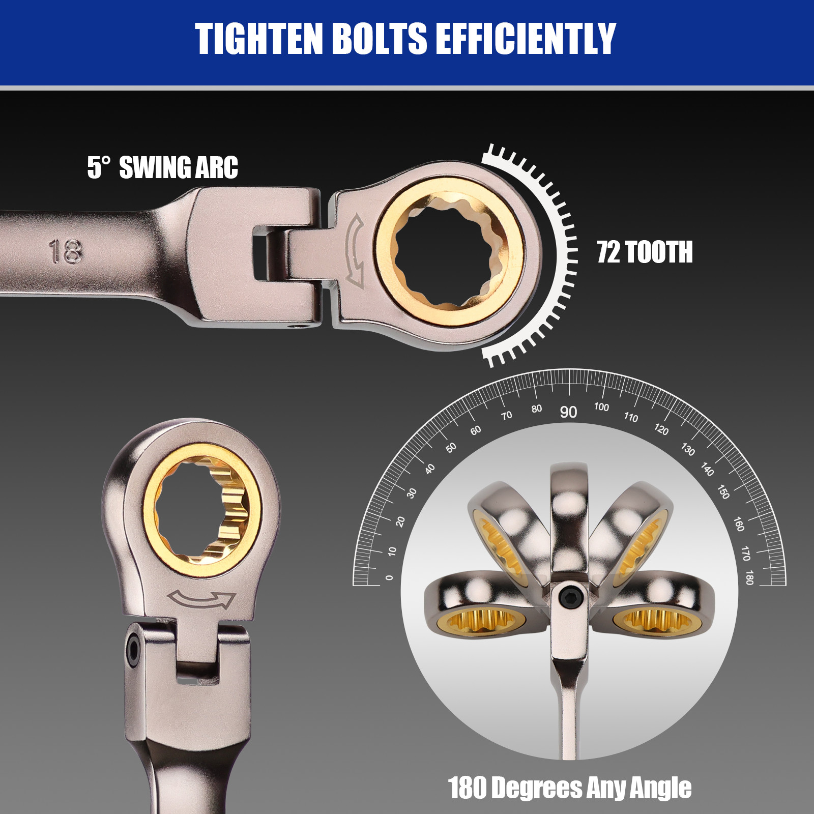 12PCS Ratcheting Wrench Set Flexible Head 8-19mm Metric Spanner Tool Combination
