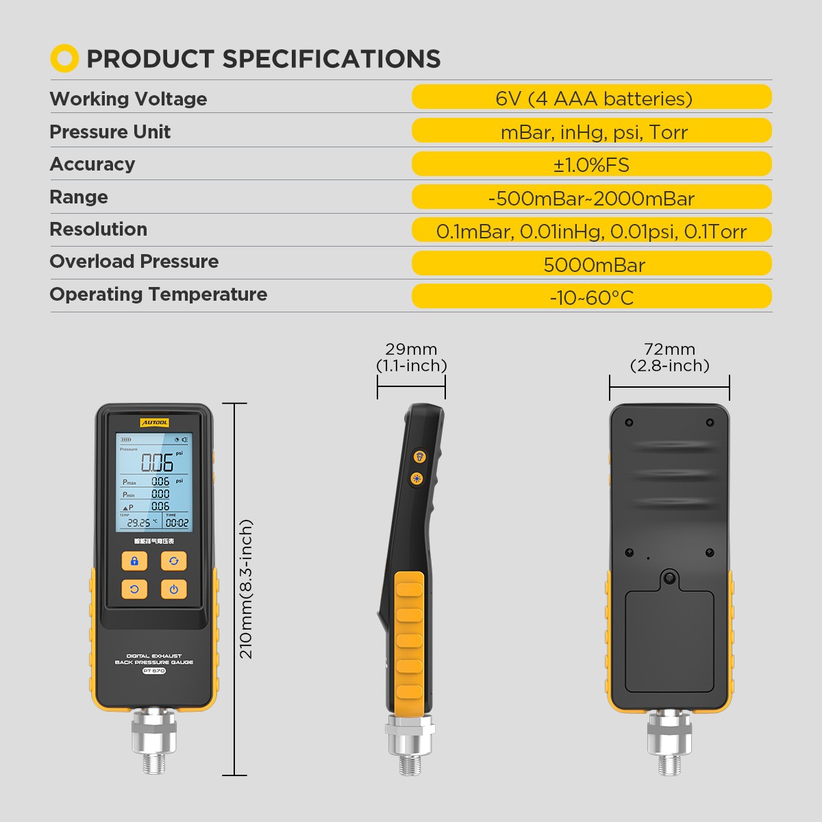AUTOOL Digital Exhaust Back Pressure Tester Gauge Catalytic Converter Diagnostic