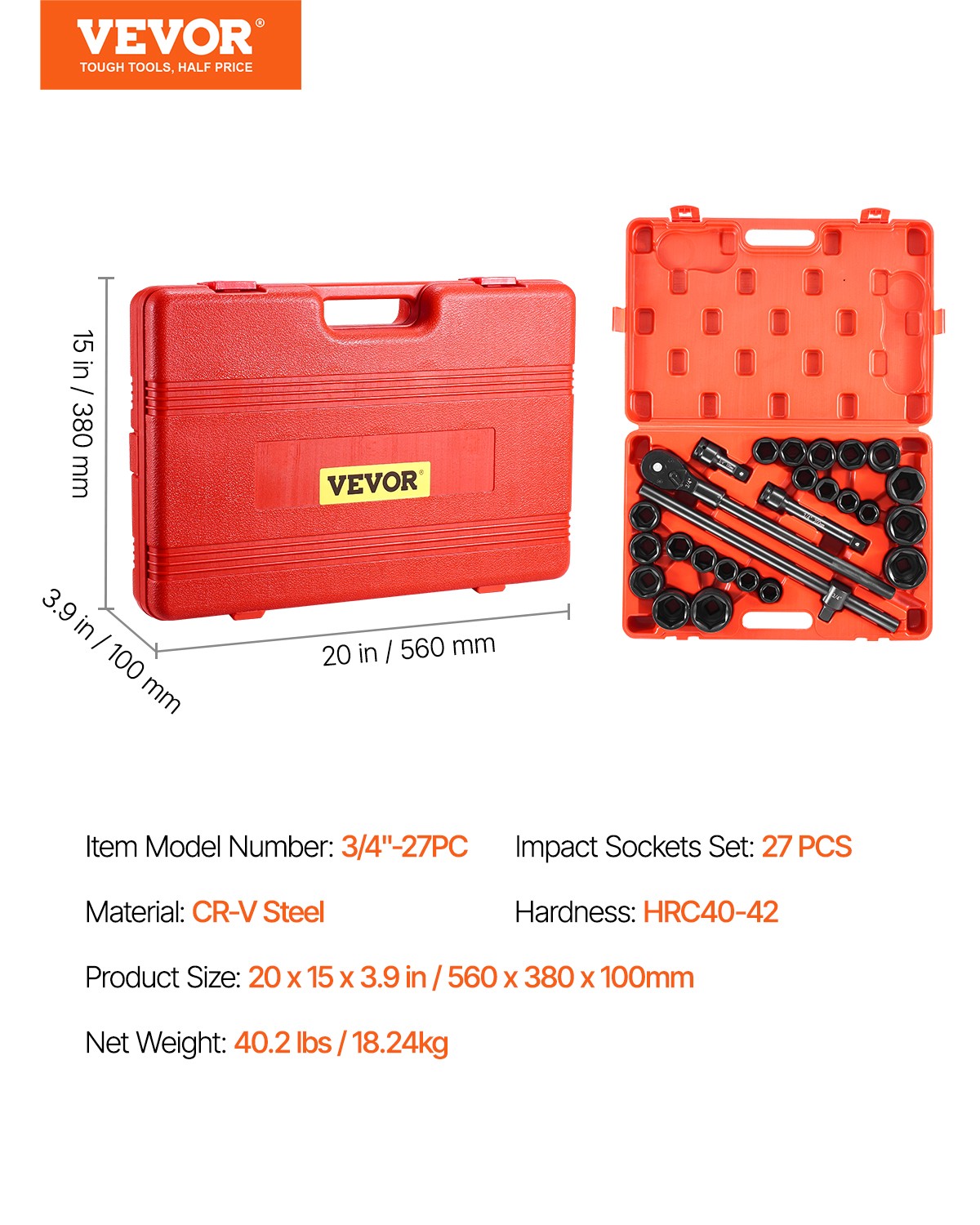VEVOR Impact Socket Set 3/4 Inches 27 Piece SAE 7/8 to 2 Inches