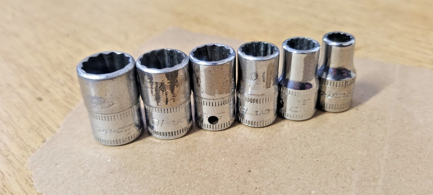 Ex MOD /| Set of 6 x Snap-on USA 1/4″ Drive 12 Point Sockets 6 7 8 9 10 11mm
