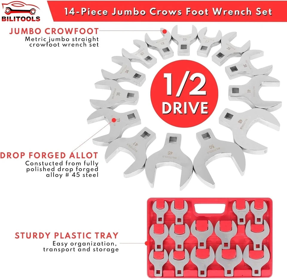 Jumbo Crowfoot Wrench Set – 14-Piece 1/2″ Drive, Metric 27-50mm, Rust-Resistant