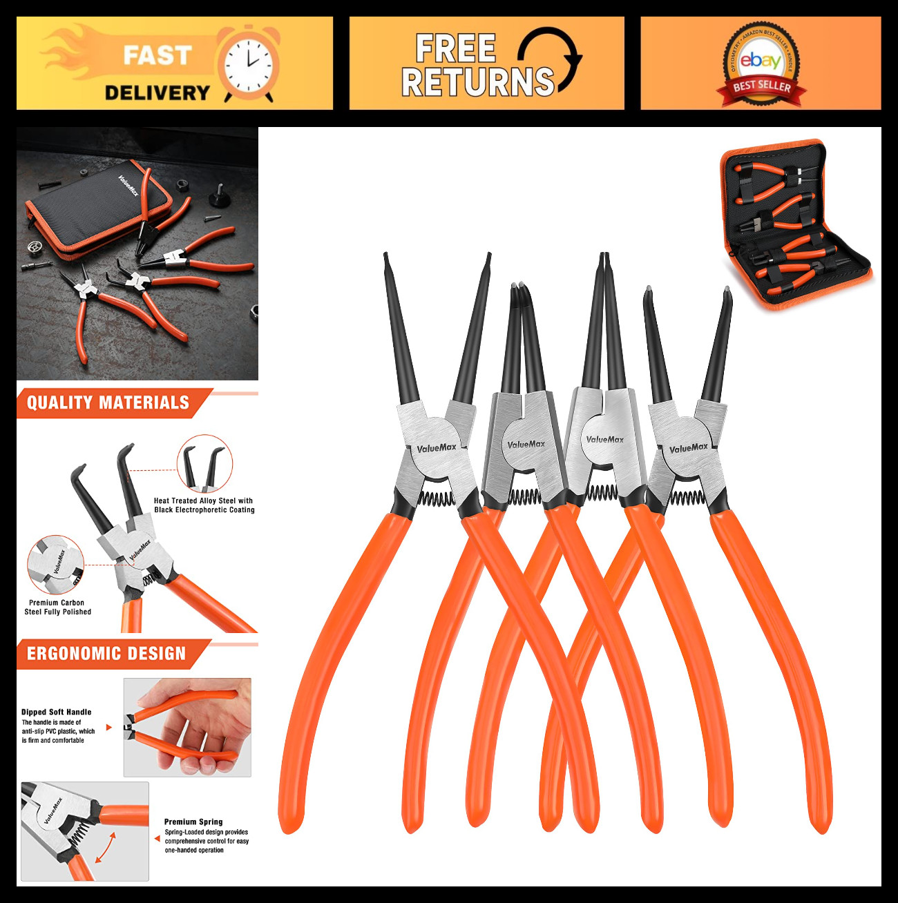Heavy Duty Snap Ring Pliers Set – 4 PCS Circlip Tools, 7″ Precision Spring Loade