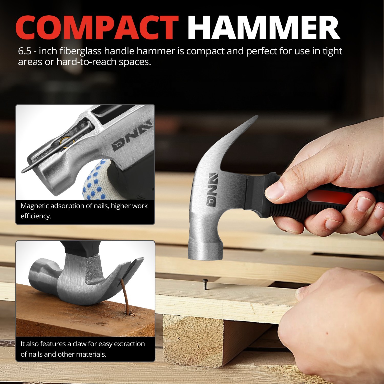 6-1/2″ Sturdy Fiberglass Handle Hammer 8″ Multi Purpose Pry Bar+Hammer Holster