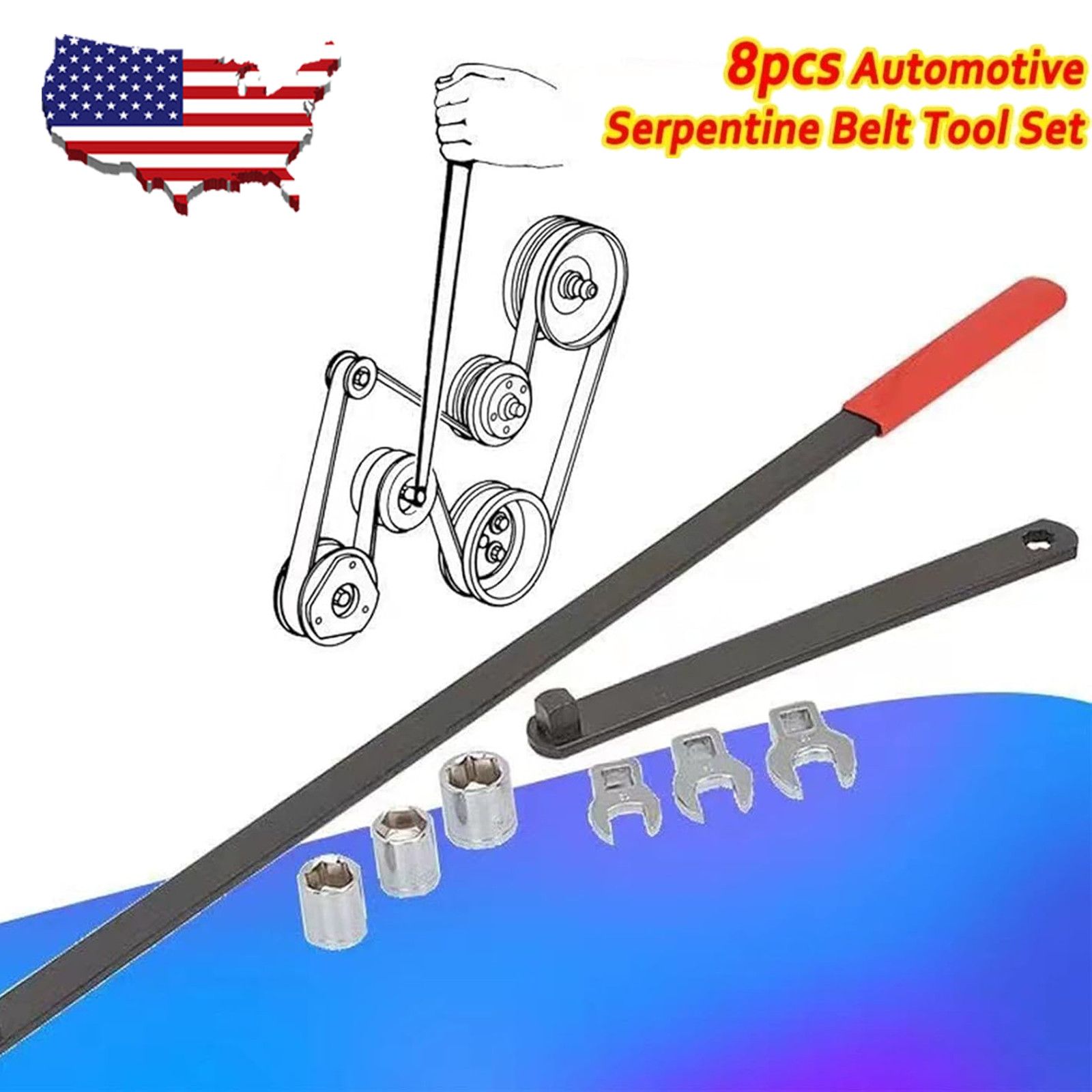 8PC Serpentine Belt Tension Tool 1/2″ 3/8″ Square Universal Belt Removal Wrech