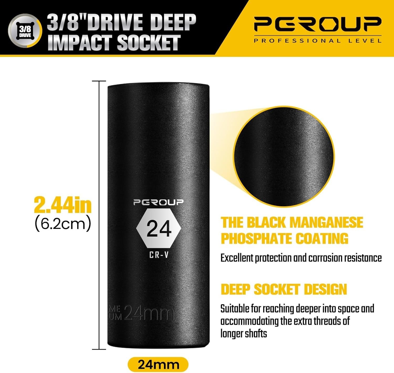3/8 drive deep impact socket Metric 24mm 6-Point Manganese Phosphate Coating 3/8