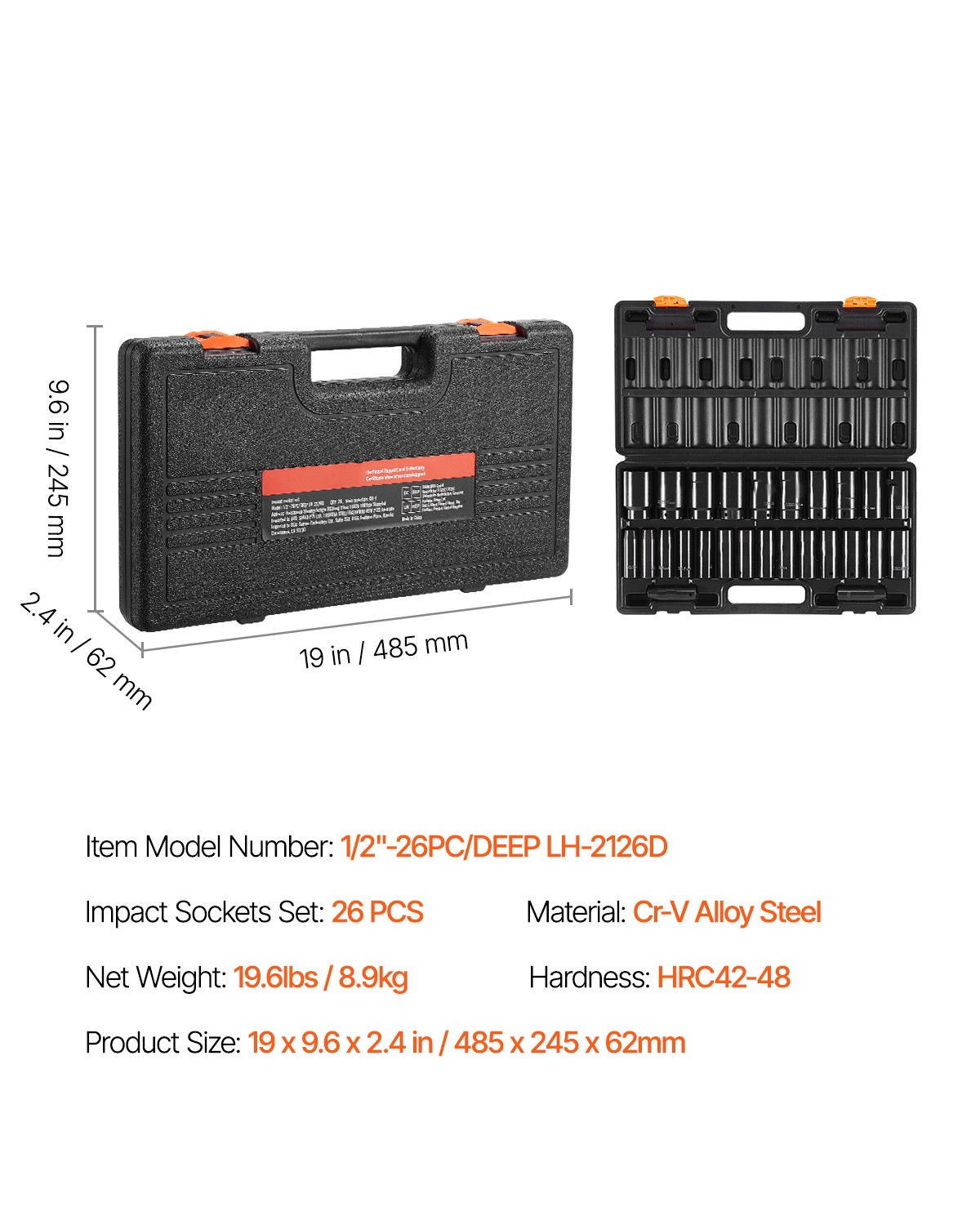 VEVOR Impact Sockets Set 1/2Inch Drive 26 PCS Metric 10mm-36mm Deep 6-Point Set
