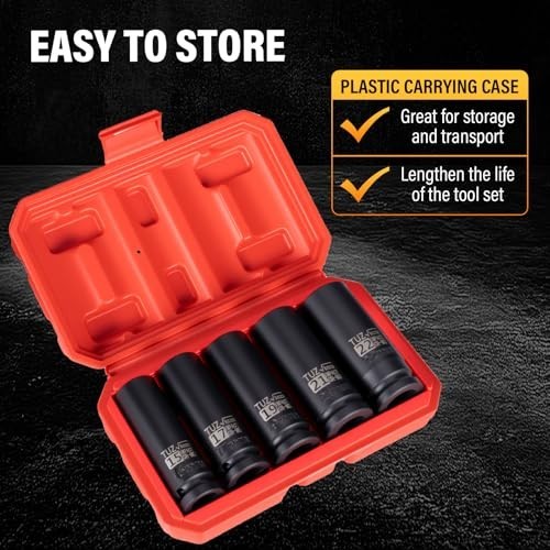 5-Piece 1/2″ Drive Deep Impact Socket Set – Metric 15mm 17mm 19mm 21mm 22mm, Cr-