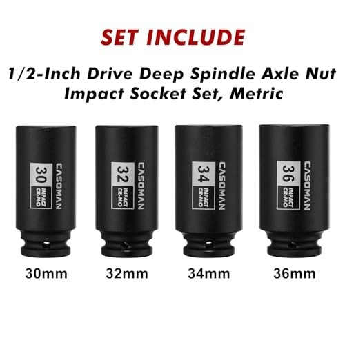 1/2″ Drive Deep Spindle Axle Nut Impact Socket Set, 12 Point Metric, CR-MO, 30-3