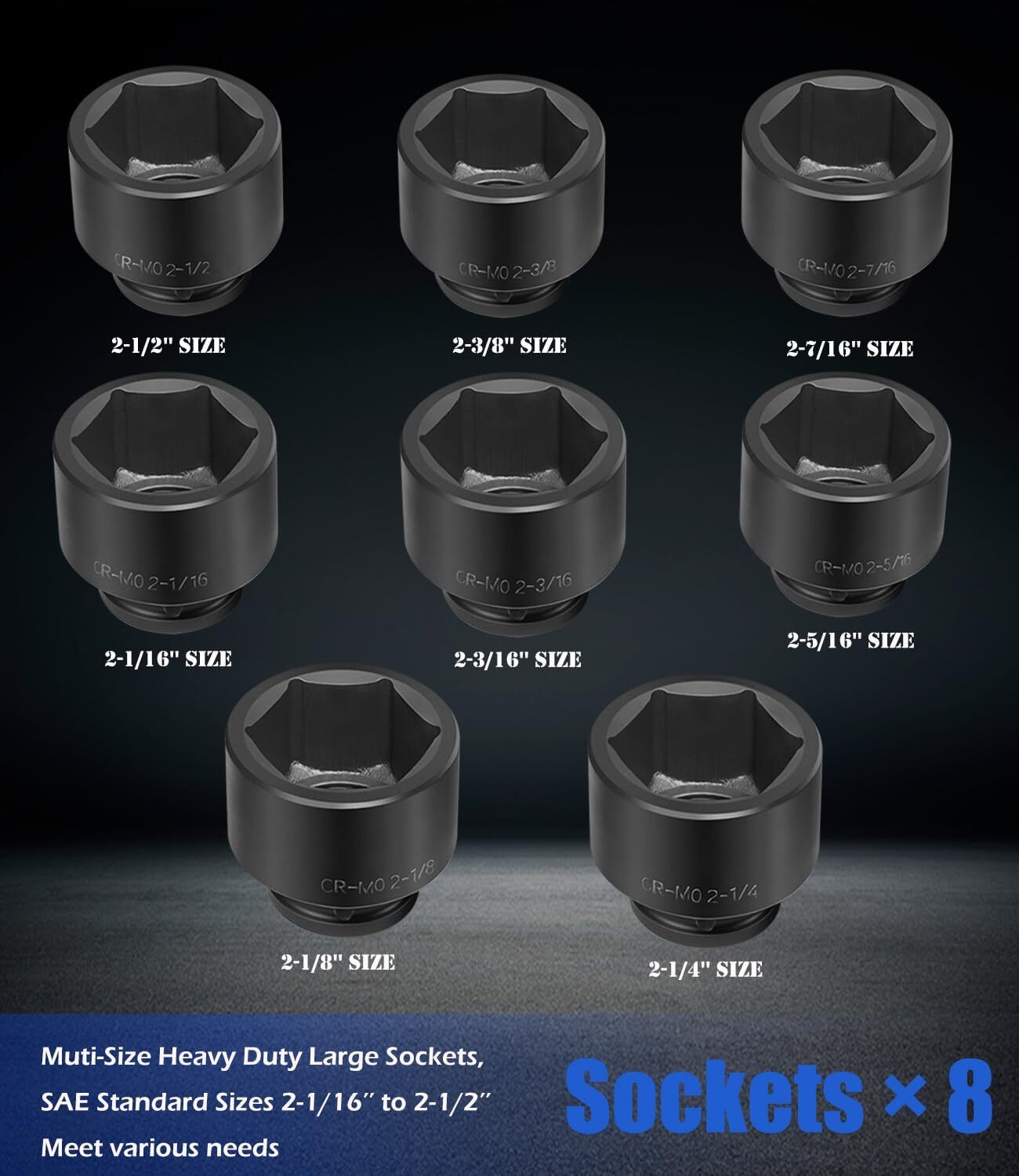 3/4″ Drive Spindle Axle Nut Impact Large Socket Set,2-1/16″ to 2-1/2″, 6-Point