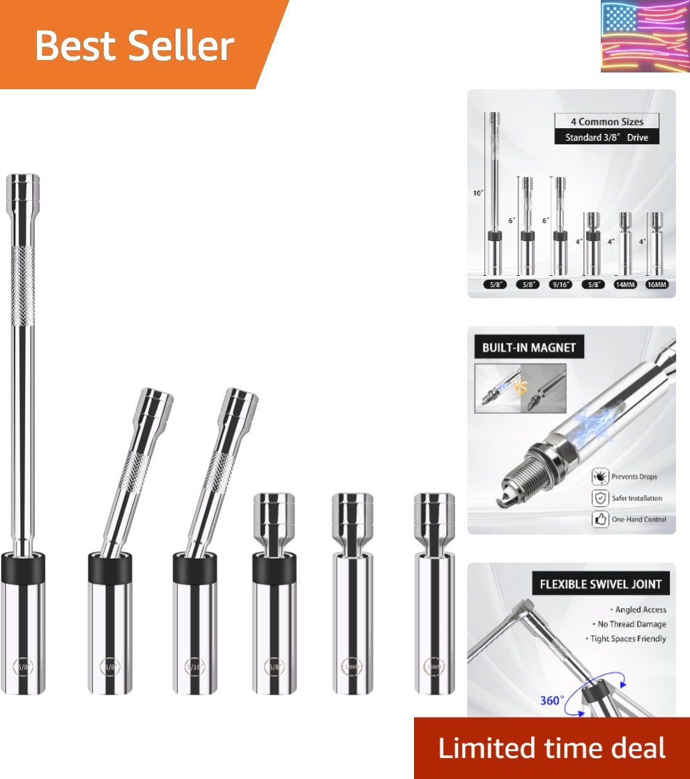 6-Piece Spark Plug Socket Set, 3/8-Inch Drive Magnetic Swivel, Thin Wall