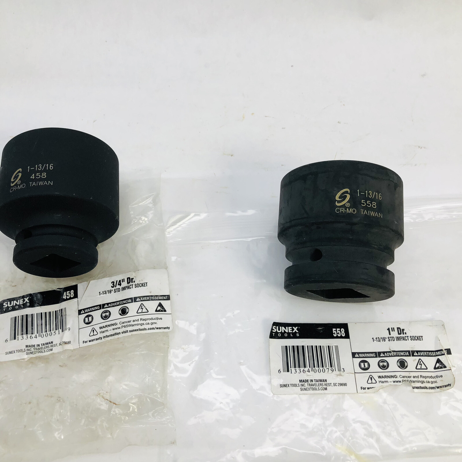 LOT OF 2 SUNEX TOOLS (1) 558 1″ DRIVE 1-13/16″ (1) 458 ¾» DRIVE 1-13/16″ 6PT STD