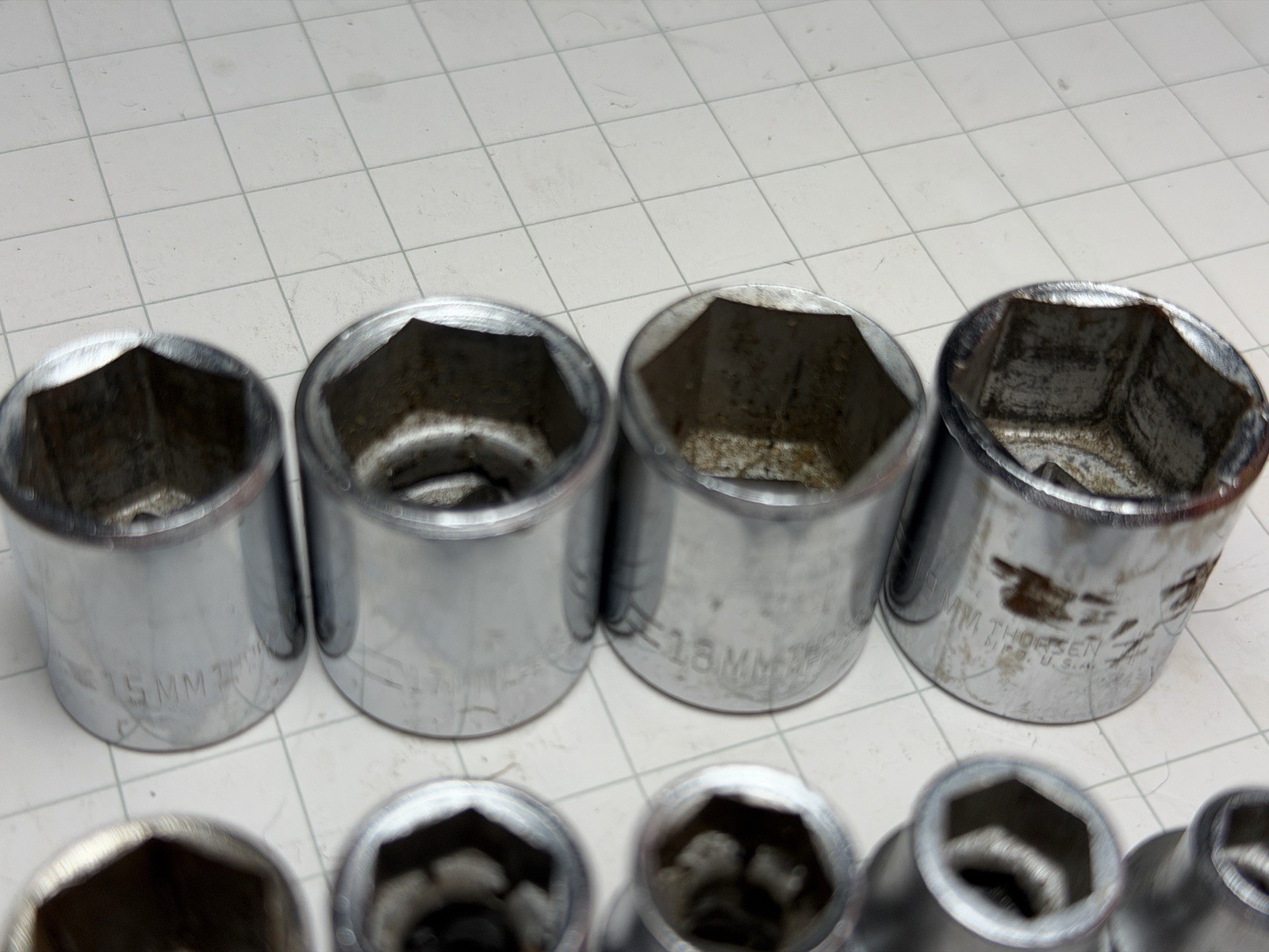 Lot of 9 Thorsen USA Metric 3/8 drive sockets, 19, 18, 17, 15, 13, 11, 10, 9, 7