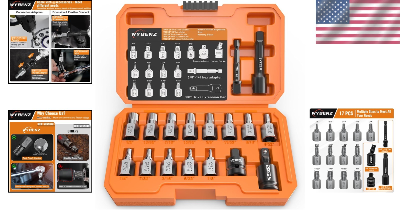 High-Quality 17-Pcs Bolt Extractor Set with Multi-Spline Design and Adapters