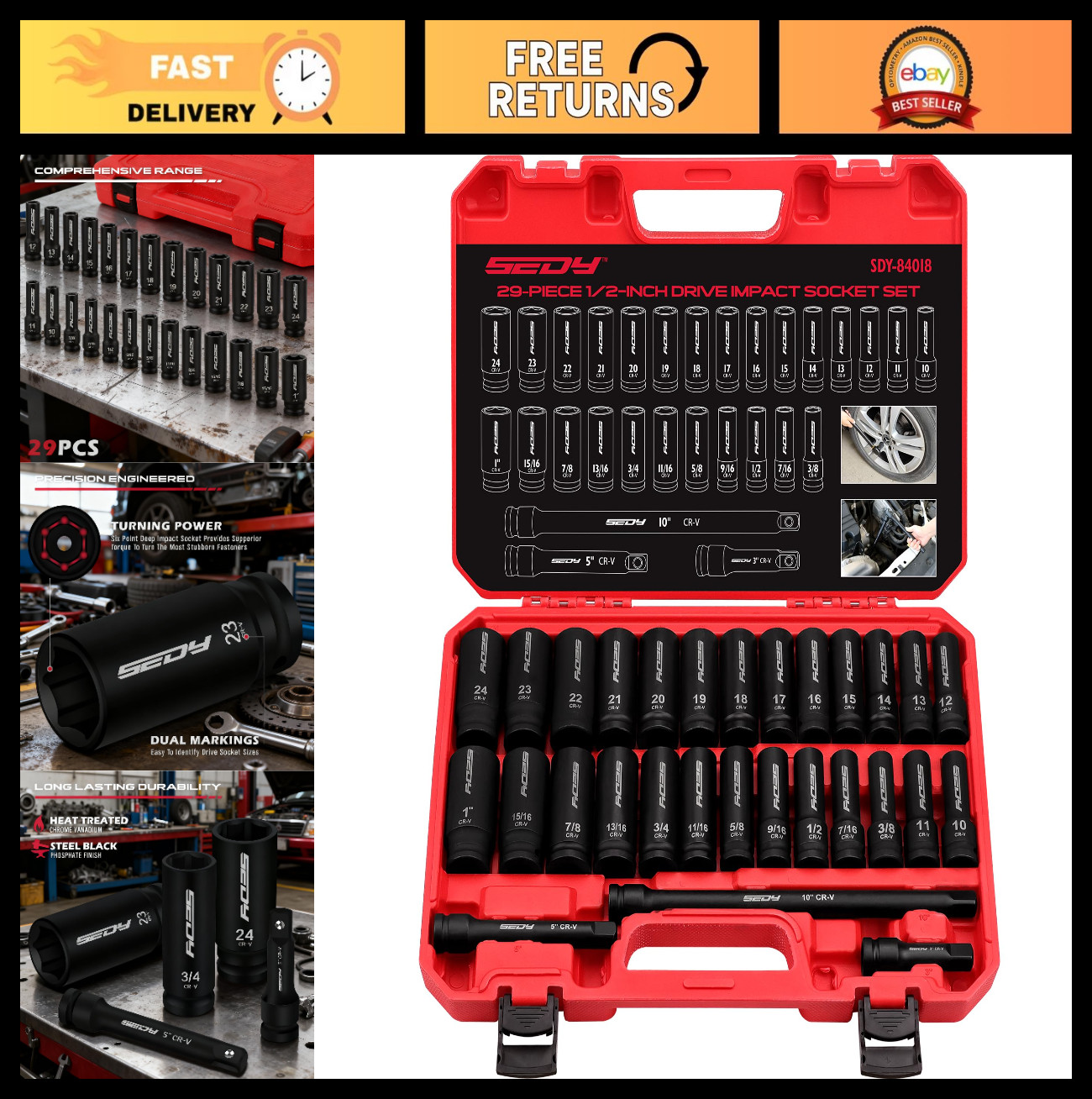 29-Piece Impact Socket Set 1/2″ Drive SAE & Metric Deep Sockets with Extensions