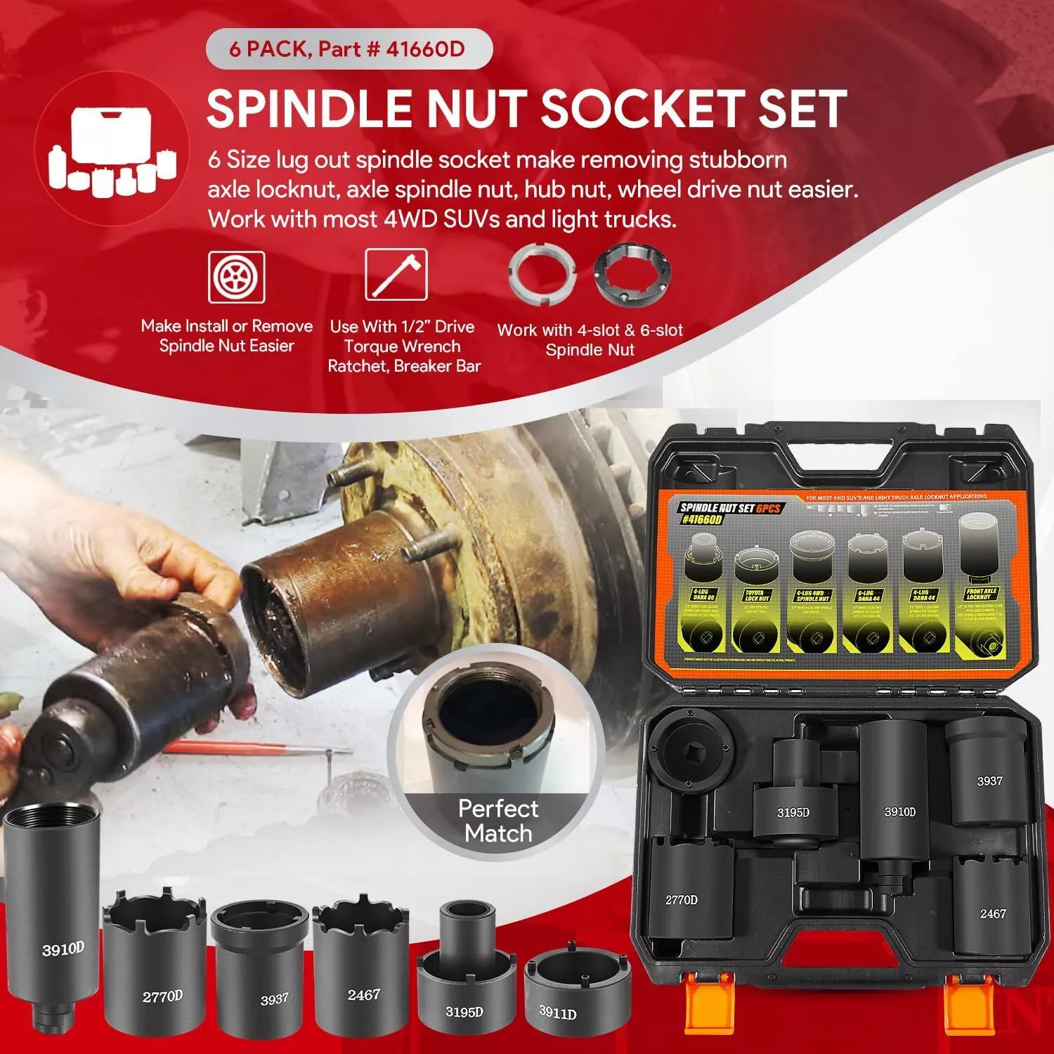 41660D Spindle Nut Socket Tool Set For Ford Dana 44 50 80, F-series, GM, Toyota