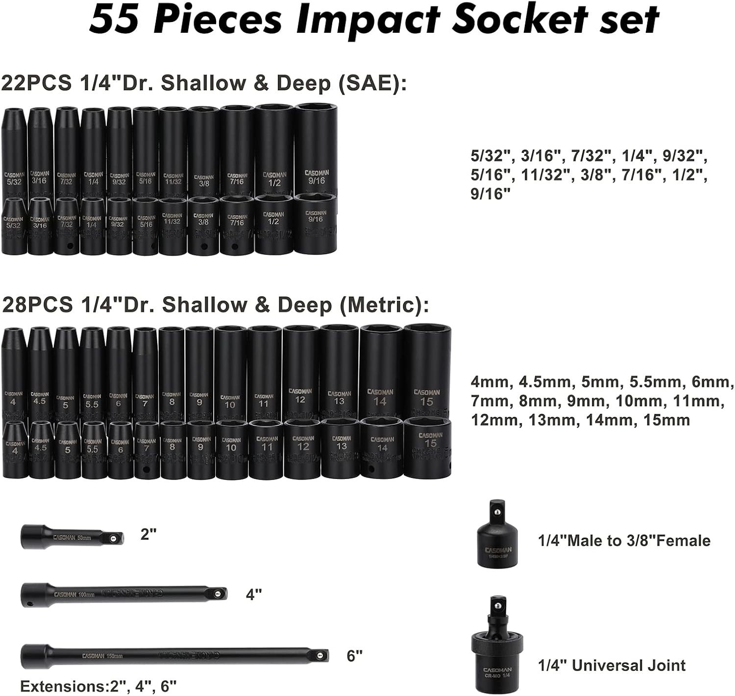 Versatile 55PC 1/4″ Drive Impact Socket Set – Deep & Shallow Sockets Included