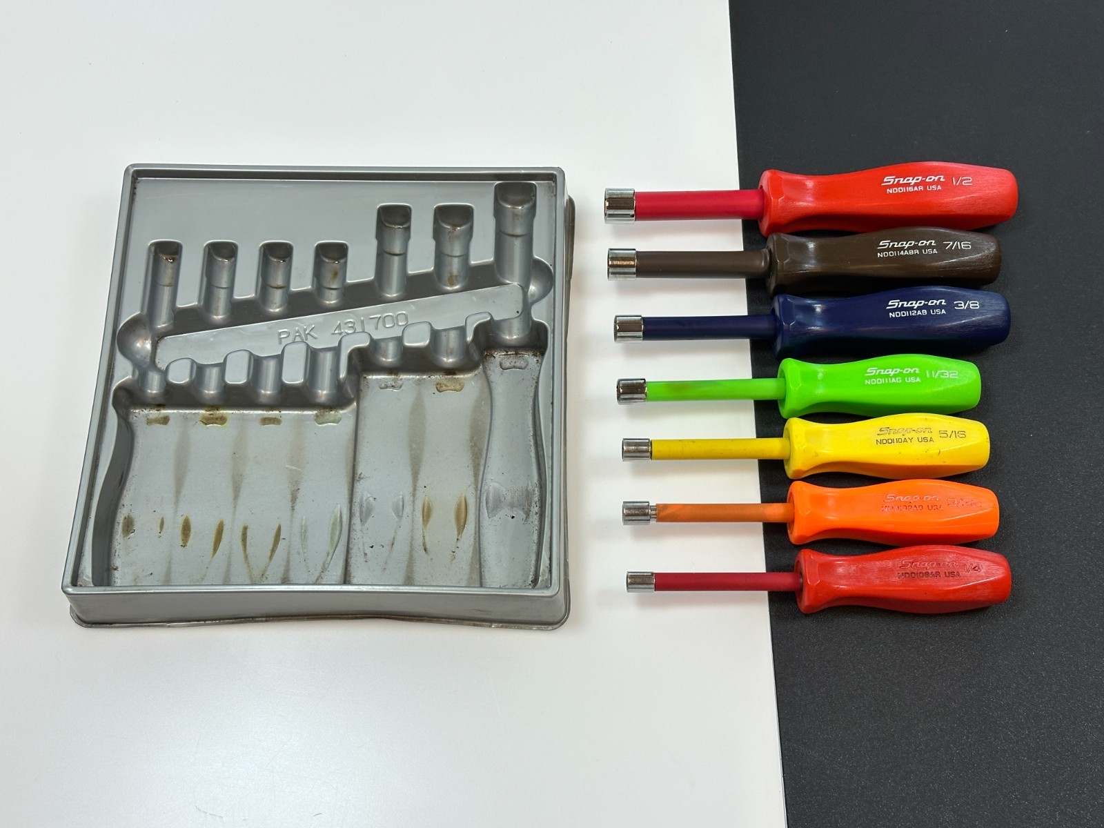 🇺🇸 Snap On Tools USA 7pc SAE 1/4″ to 1/2″ Nut Driver Set HARD Handle w/ Tray