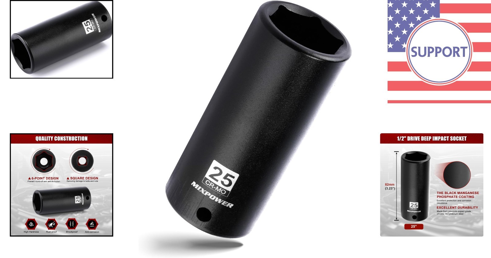 1/2″ Drive Deep Impact Socket, 25mm, CR-MO Steel for Automotive Repairs