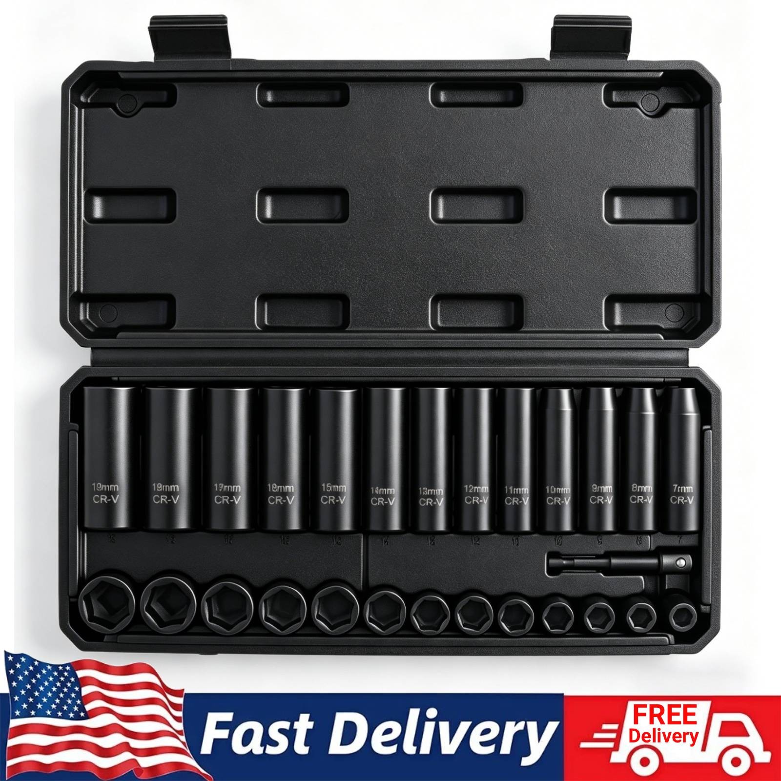 27PCS 3/8″ Drive Impact Socket Set Deep and Shallow Metric 7-19mm 6 Point + Case