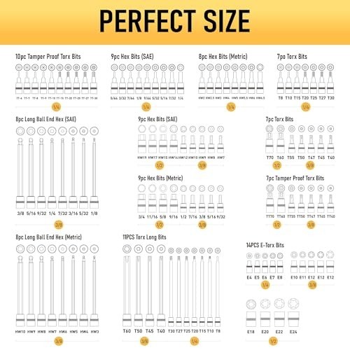 107-Piece Torx & Allen Bit Socket Set, S2 Steel, 1/4″ 3/8″ 1/2″ Drive, Long & Ba
