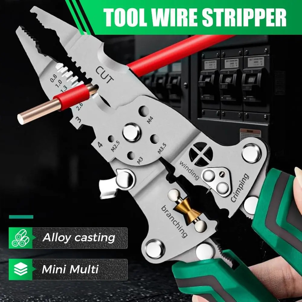 16-in-1 Rechargeable Wire Stripper Pliers Voltage Tester 12-250V Green