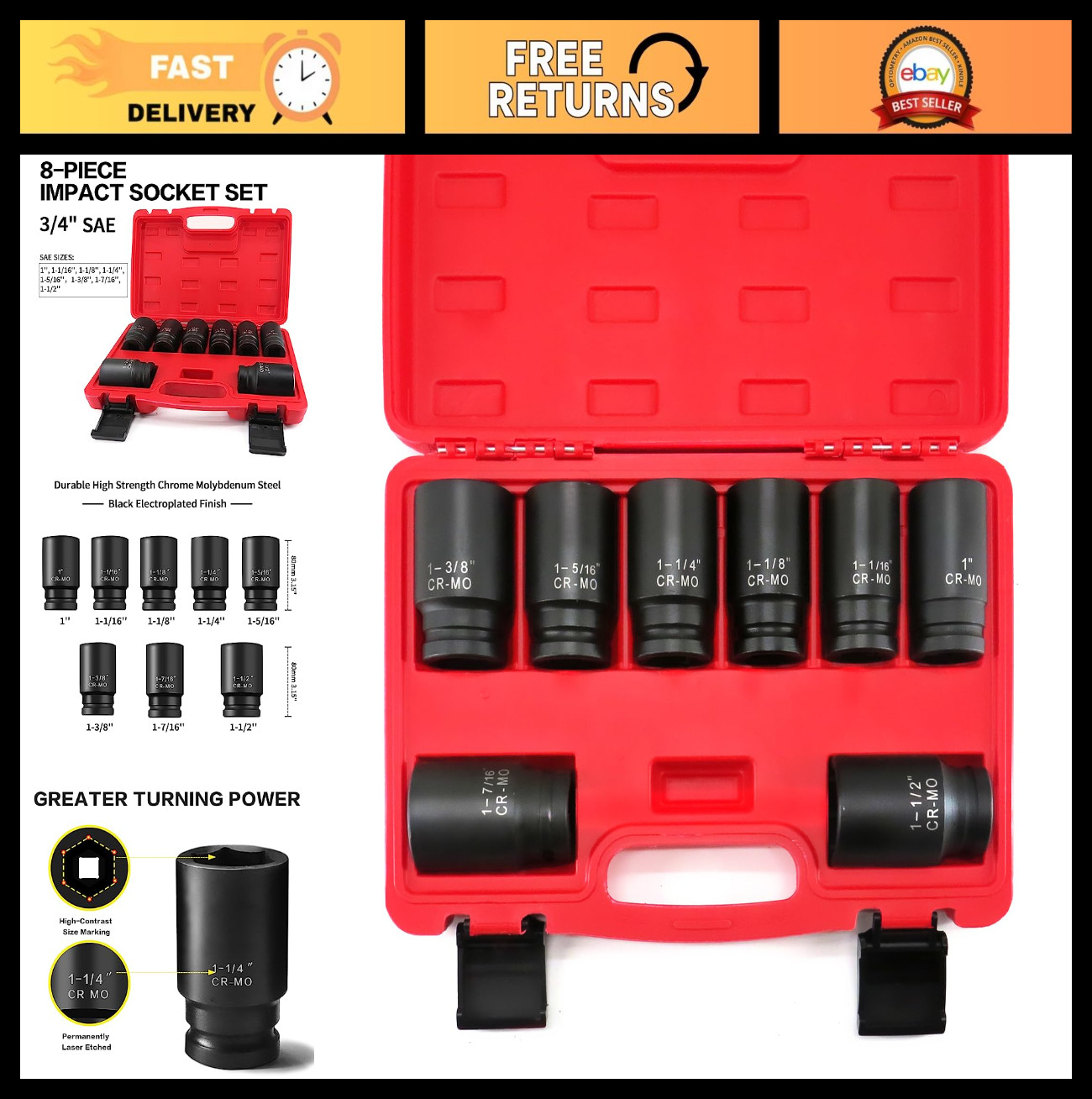 3/4″ Drive Deep Impact Socket Set, 6-Point SAE (1″ to 1-1/2″), 8 Pcs Cr-Mo Heavy
