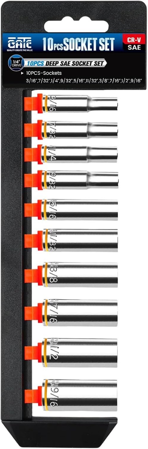 10PCS 1/4” Drive Deep Socket Set, SAE 3/16″-9/16″, 6-Point, Cr-V Steel, Chrom…
