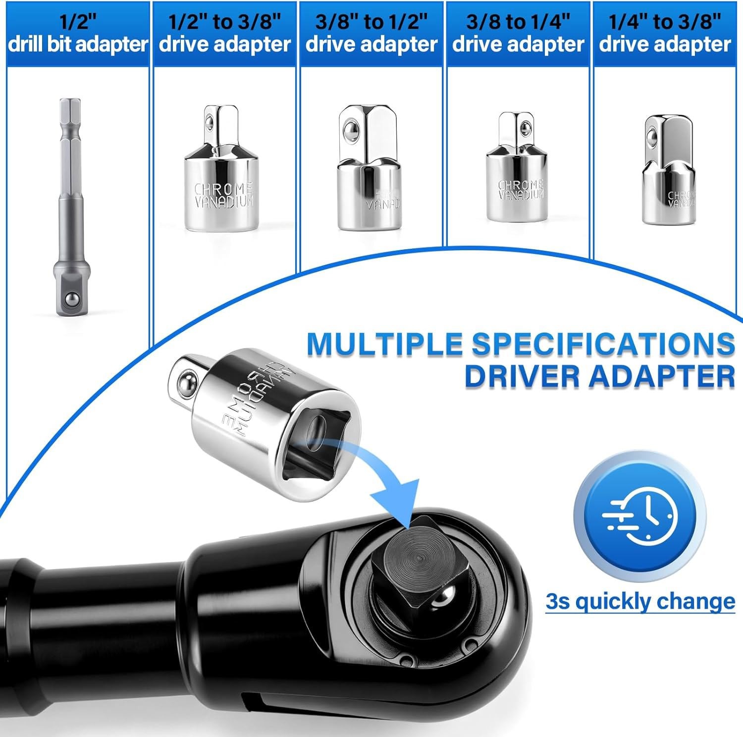 1/2″ Offset Extension Wrench Impact Ratchet Extender for Electric Drill 3/8″ 1/4