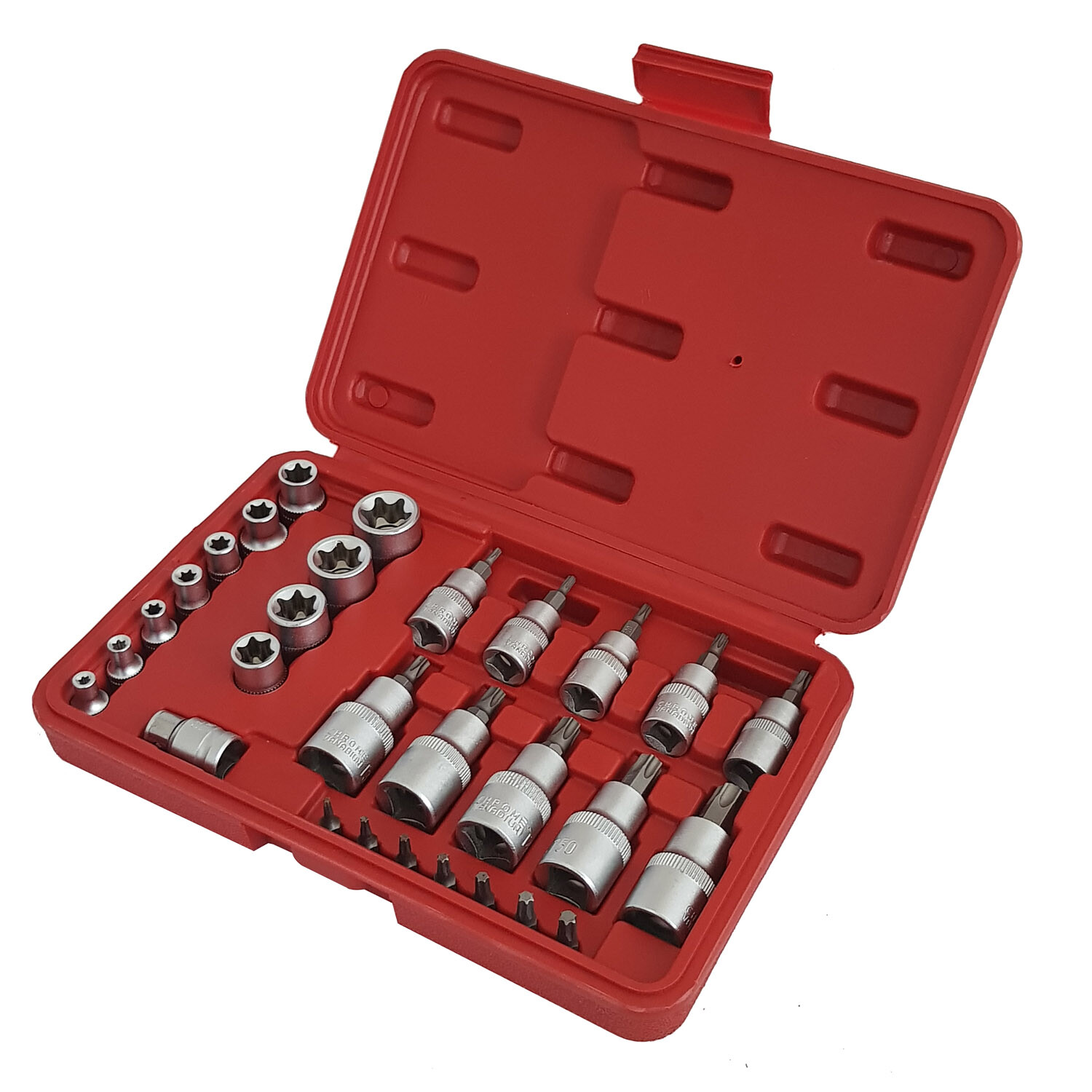 30pc Torx Sockets Bit Set Female Star E-torx Bits 1/4″ 3/8″ 1/2″ with Case