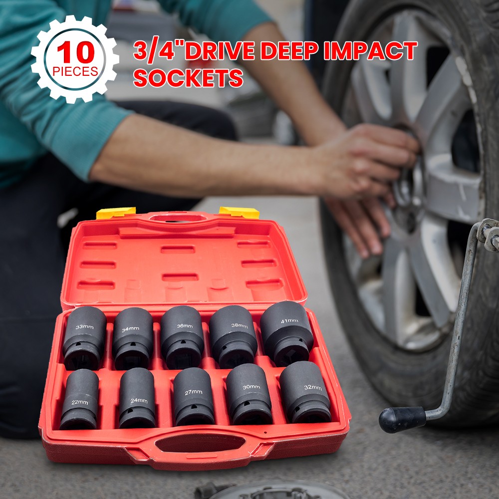 10PCS 3/4Inch Drive Deep Impact Socket Set Metric 22mm-41mm 6-Point Kit W/ Case