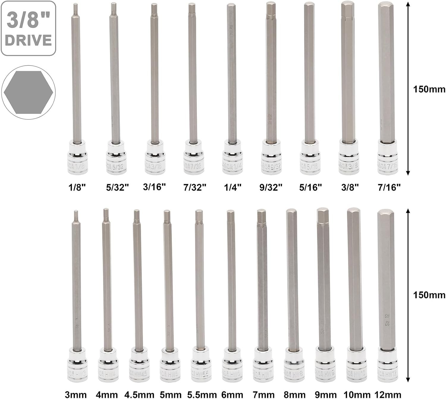 32PCS 3/8″ Extra Long Hex Torx Bit Socket Set SAE Metric T10-T60