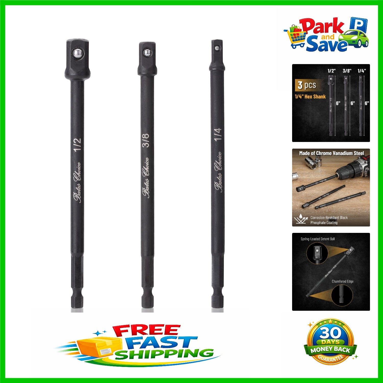 Bates 3-Piece Impact Socket Adapter Set, 6-Inch for 1/4″, 3/8″, and 1/2″ Sockets
