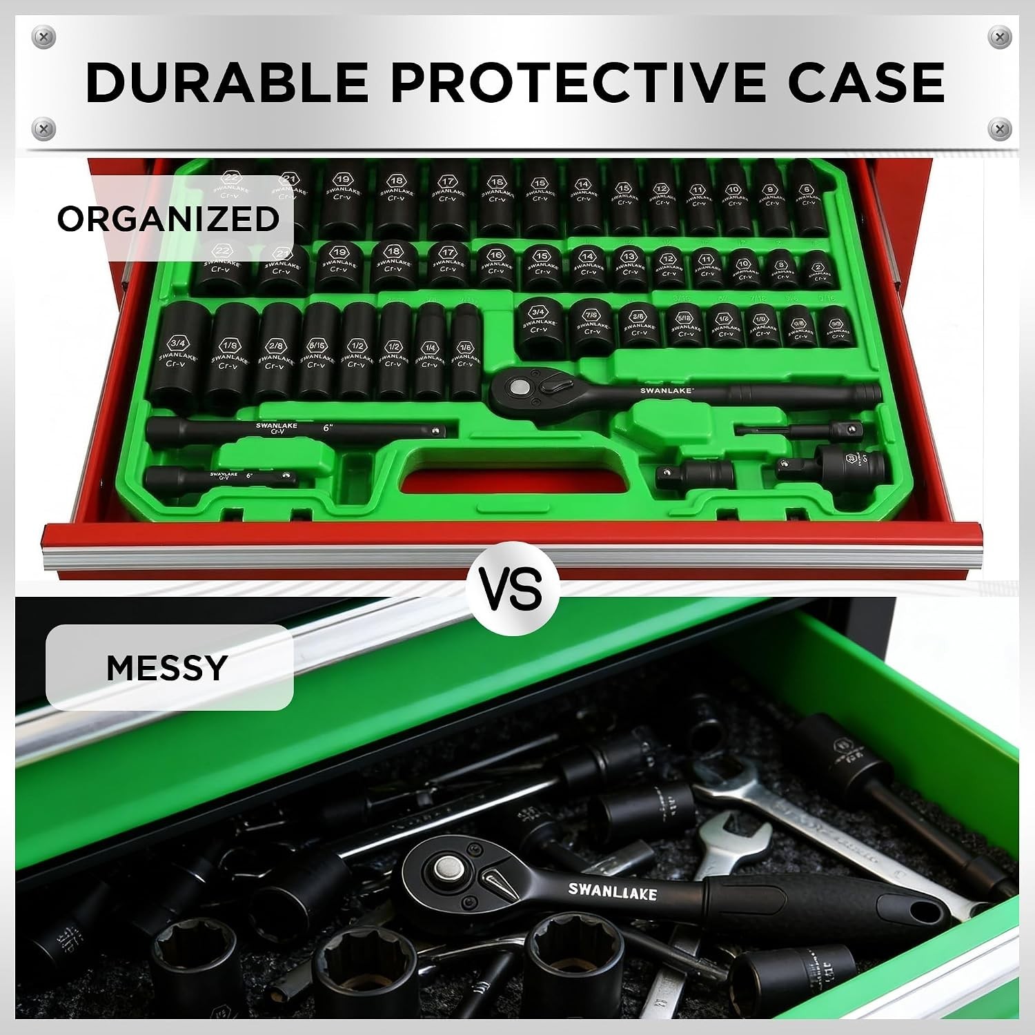 3/8 Inch Drive Impact Socket Set 50 Piece SAE and Metric Chrome Vanadium Steel