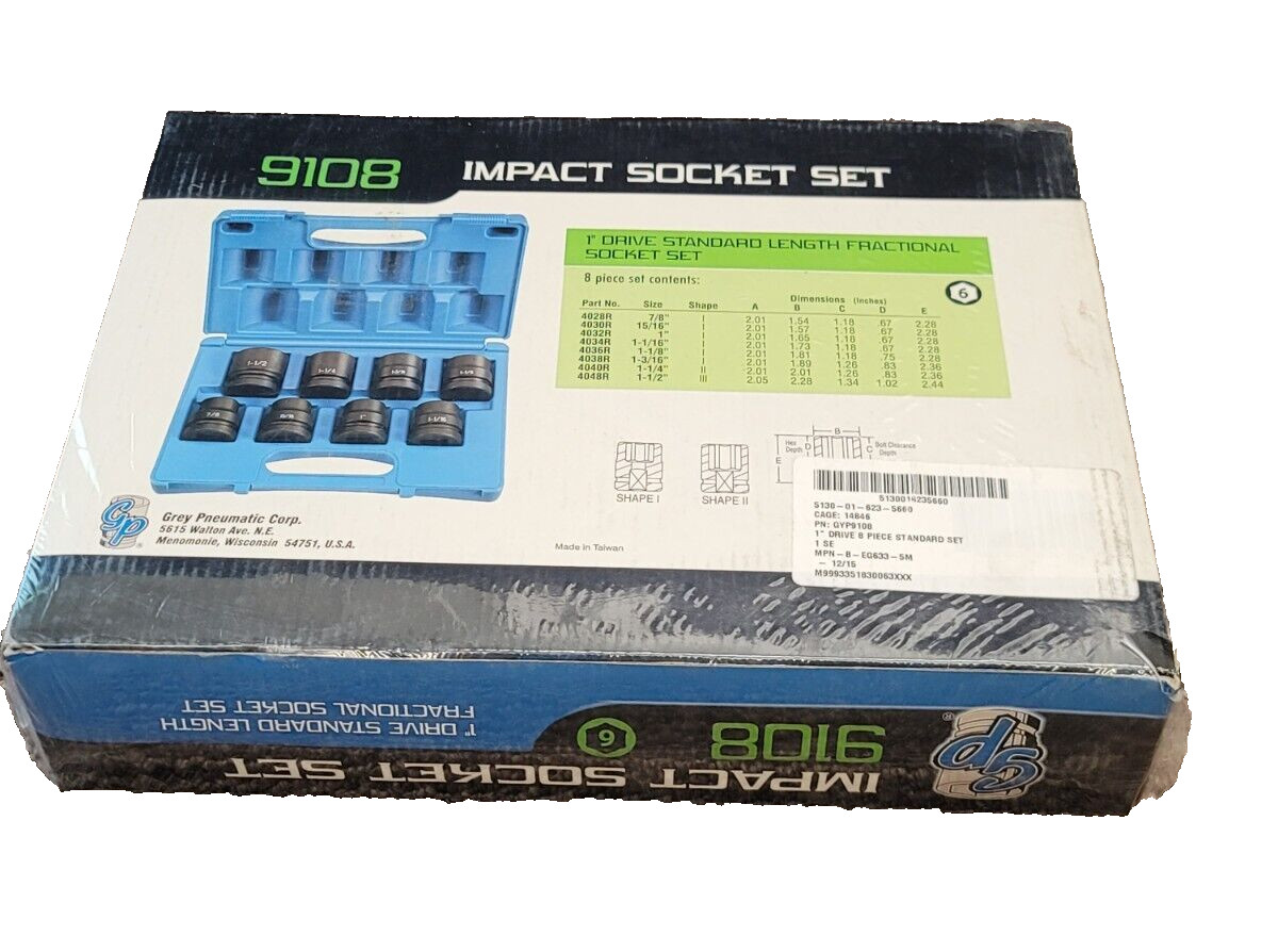 Grey Pneumatic GP Impact Socket Set 1″ Drive 6-Point #9108 Sae 8 Automotive NEW