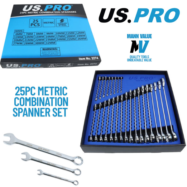 25pc METRIC COMBINATION SPANNER SET by US PRO TOOLS 6mm/32mm In EVA Foam Tray