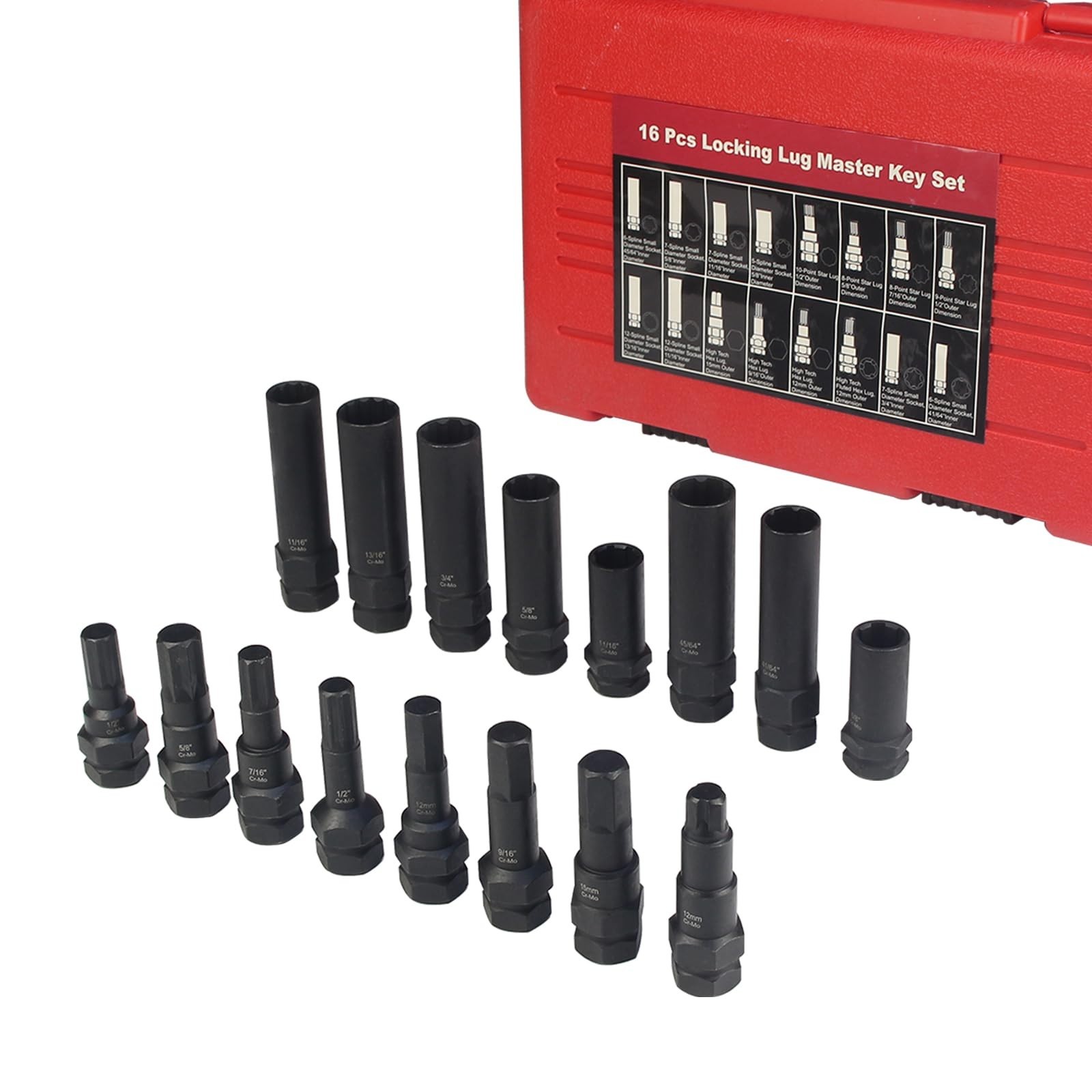 16pc Locking Lug Nut Key Set – SAE & Metric Wheel Lock Removal Kit, Spline Star