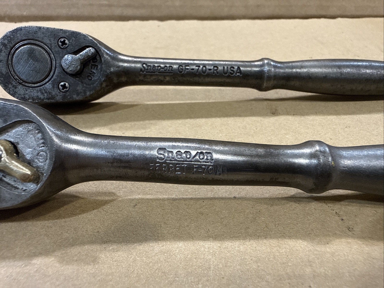 2 Vintage Snap-On Tools Ratchets ~ GF-70-R & Ferret F70N ~ 3/8″ Dr