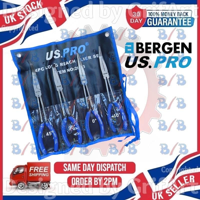 USPRO 4PC PLIER SET EXTRA LONG REACH NOSE LARGE NEEDLE OFFSET ANGLED BENT CURVED
