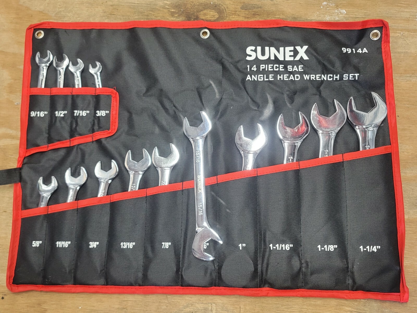 Sunex 14pc SAE 4-way open end angle wrench set w/Roll Pouch 3/8 to 1-1/4″ #9914A