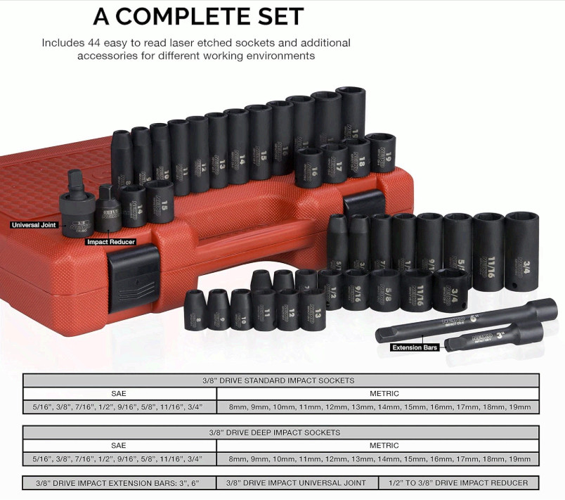 3/8″ Drive Impact Socket Set, SAE & Metric, 44PCS w/Extensions & U-Joint
