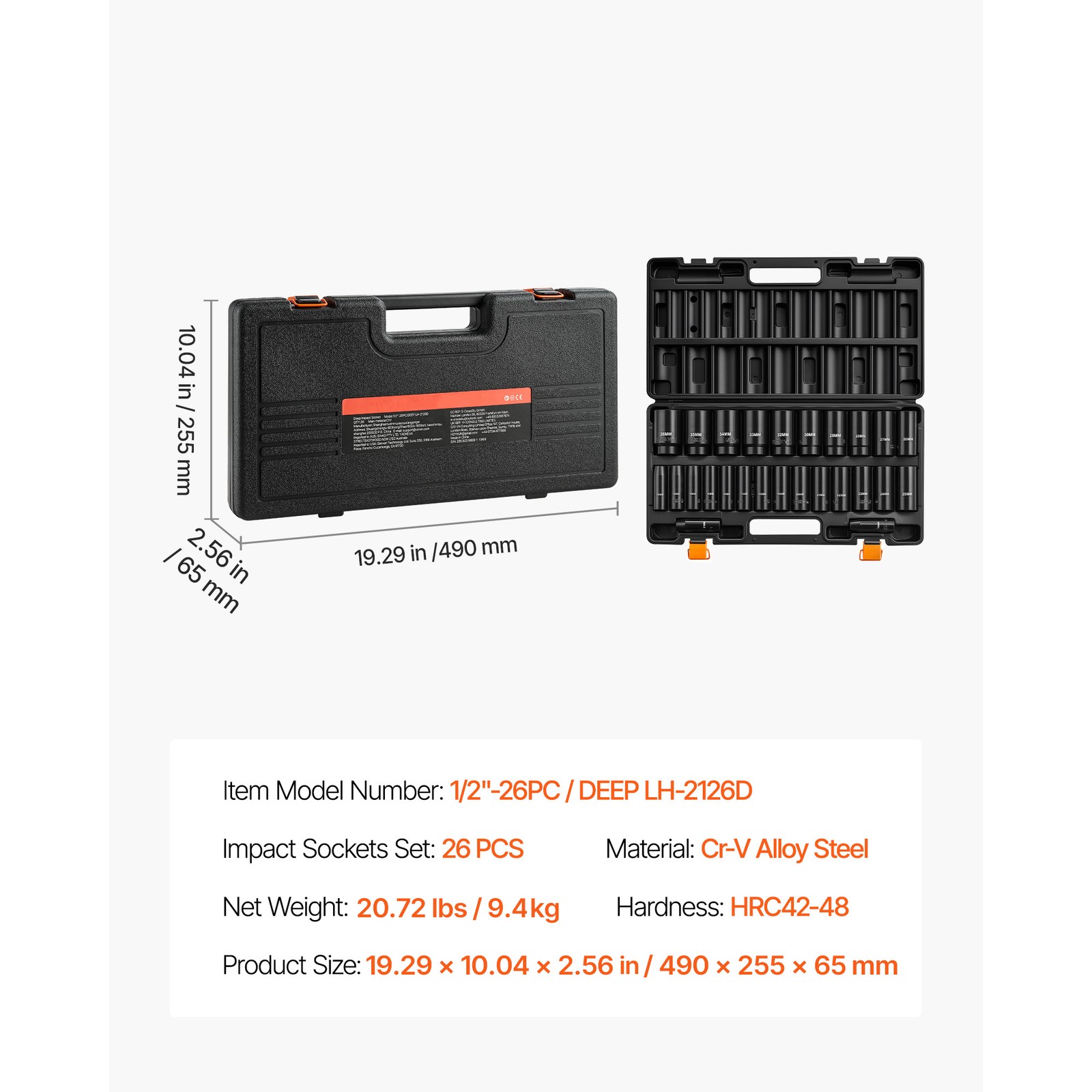 Uimoso 26-Piece 1/2″ Drive Impact Socket Set with 6-Point Design and Case