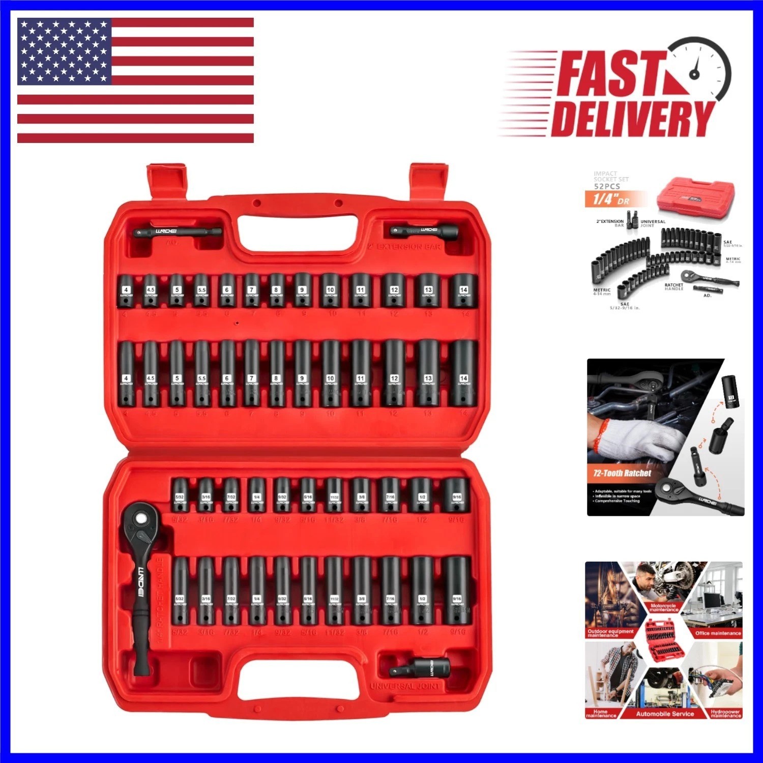Complete 1/4” Drive 52 PCS Socket Set with 6-Point Design for Precision Repairs