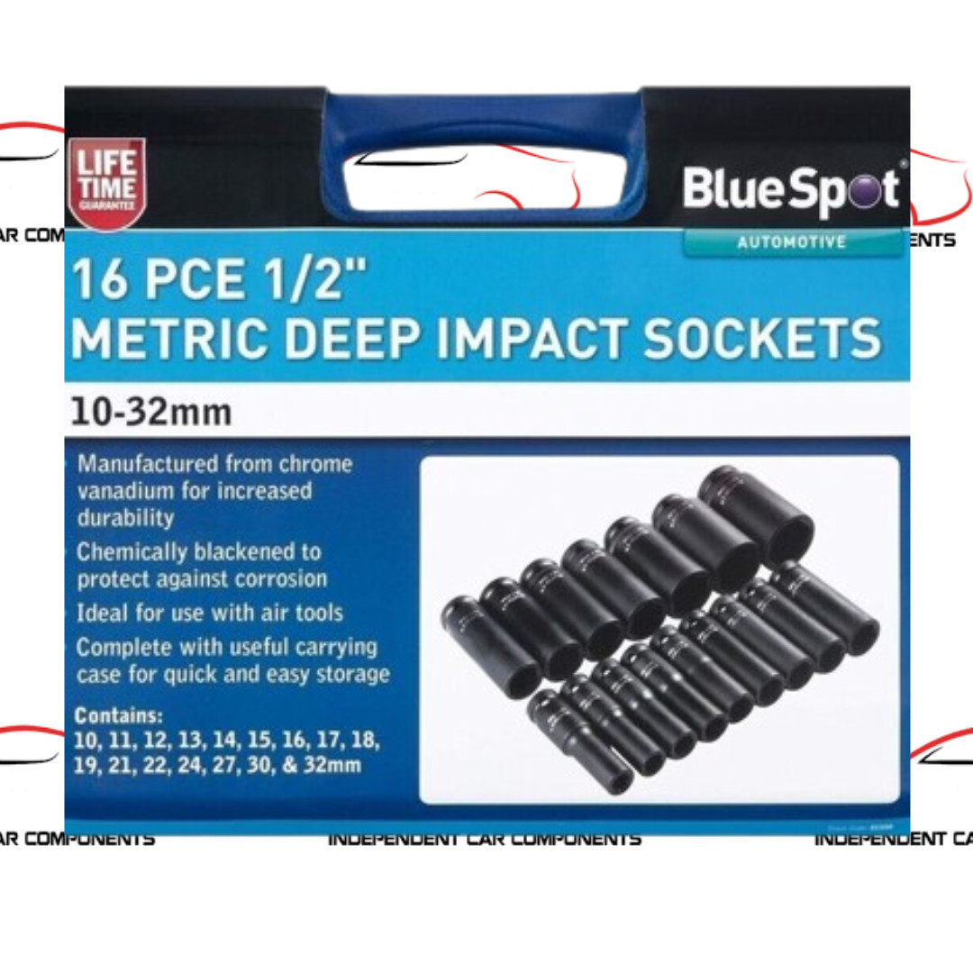 BLUE SPOT TOOLS 16 PCE 1/2″ METRIC DEEP IMPACT SOCKETS (10-32MM) 01550
