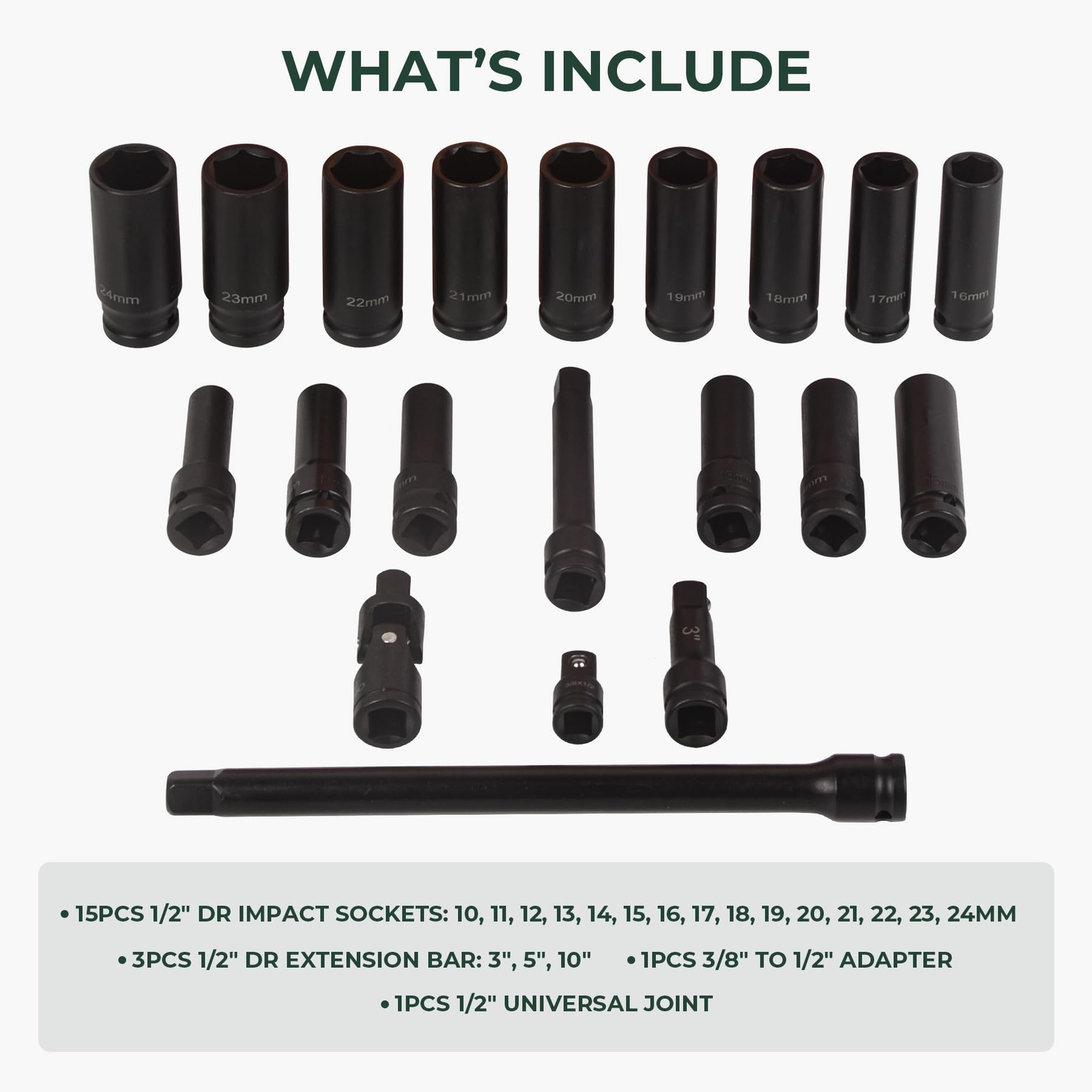 20Pcs 1/2″ Drive Deep Impact Socket Set Extension Bars Universal Joint Set