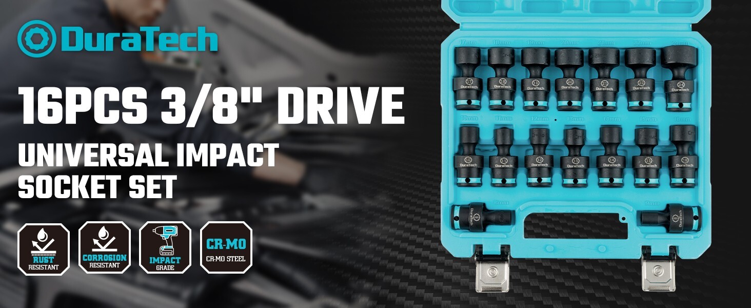 DURATECH 3/8″ Drive 16 Pieces Shallow Universal Impact Swivel Socket Set Metric