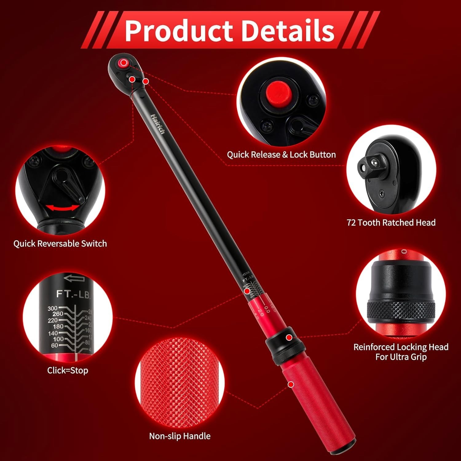 Hairich 1/2″ Drive Click Torque Wrench, Dual-Direction 40-300 ft.lb / 33.9-406.8
