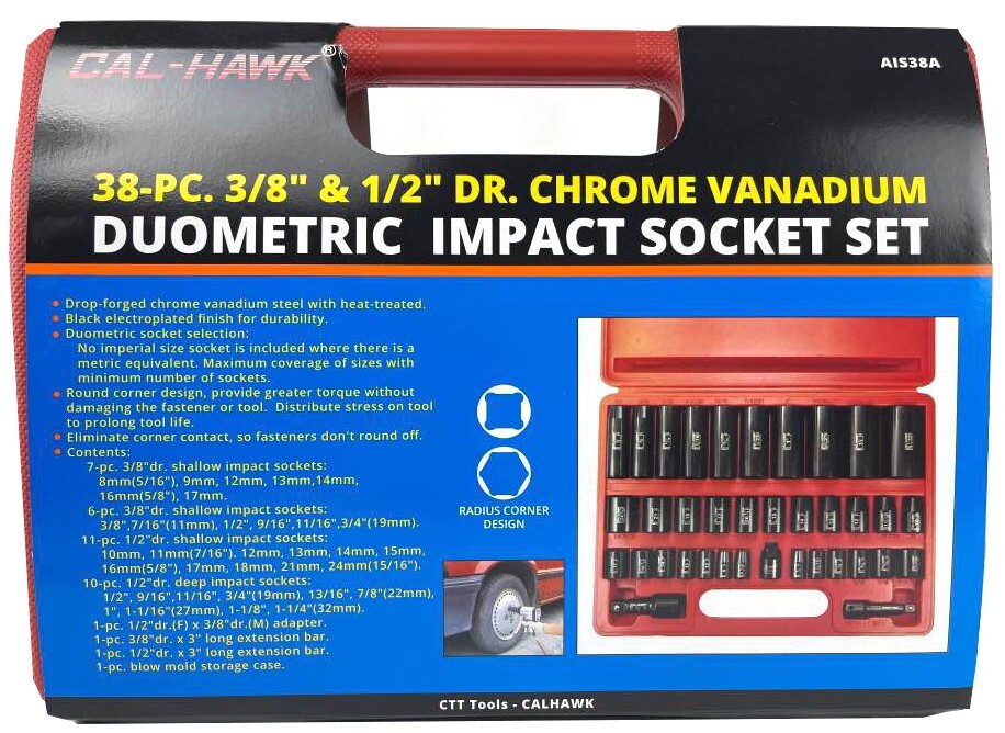 38Pc 3/8″ & 1/2″ Dr SAE & Metric Deep & Shallow Impact Socket, Taiwan, AIS38A