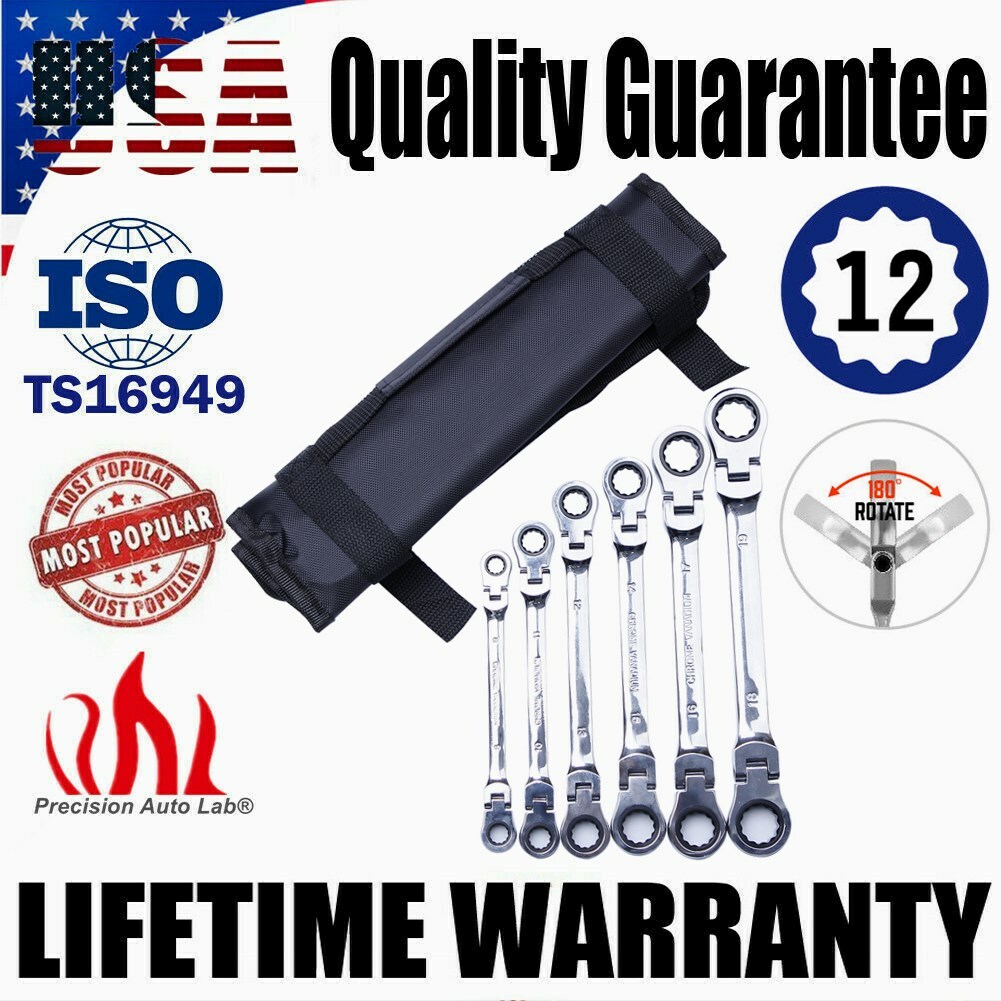 6 PCS Double Box End Metric Ratcheting Wrench Flex-Head Heavy Duty Spanner Set