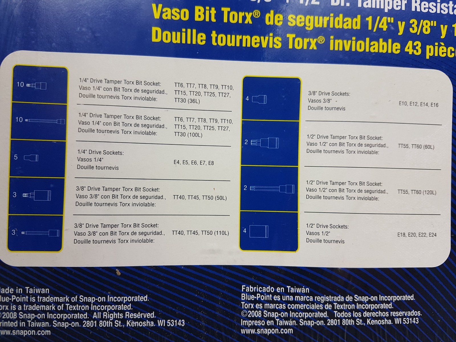Blue Point 43pc Torx Socket Set with E-Torx – As sold by Snap On.